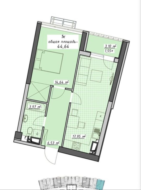 Аркадия, ЖК Атмосфера, 1-комнатная 45 м² с прямым видом на море — фото 7